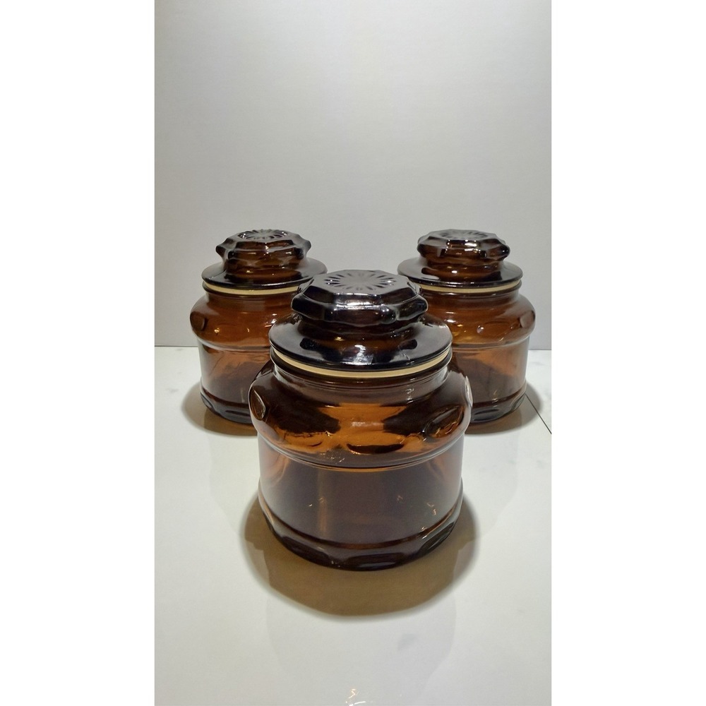 3 Vintage MCM Dark Brown Amber Apothecary Spice Jars Canisters W Starburst Lids